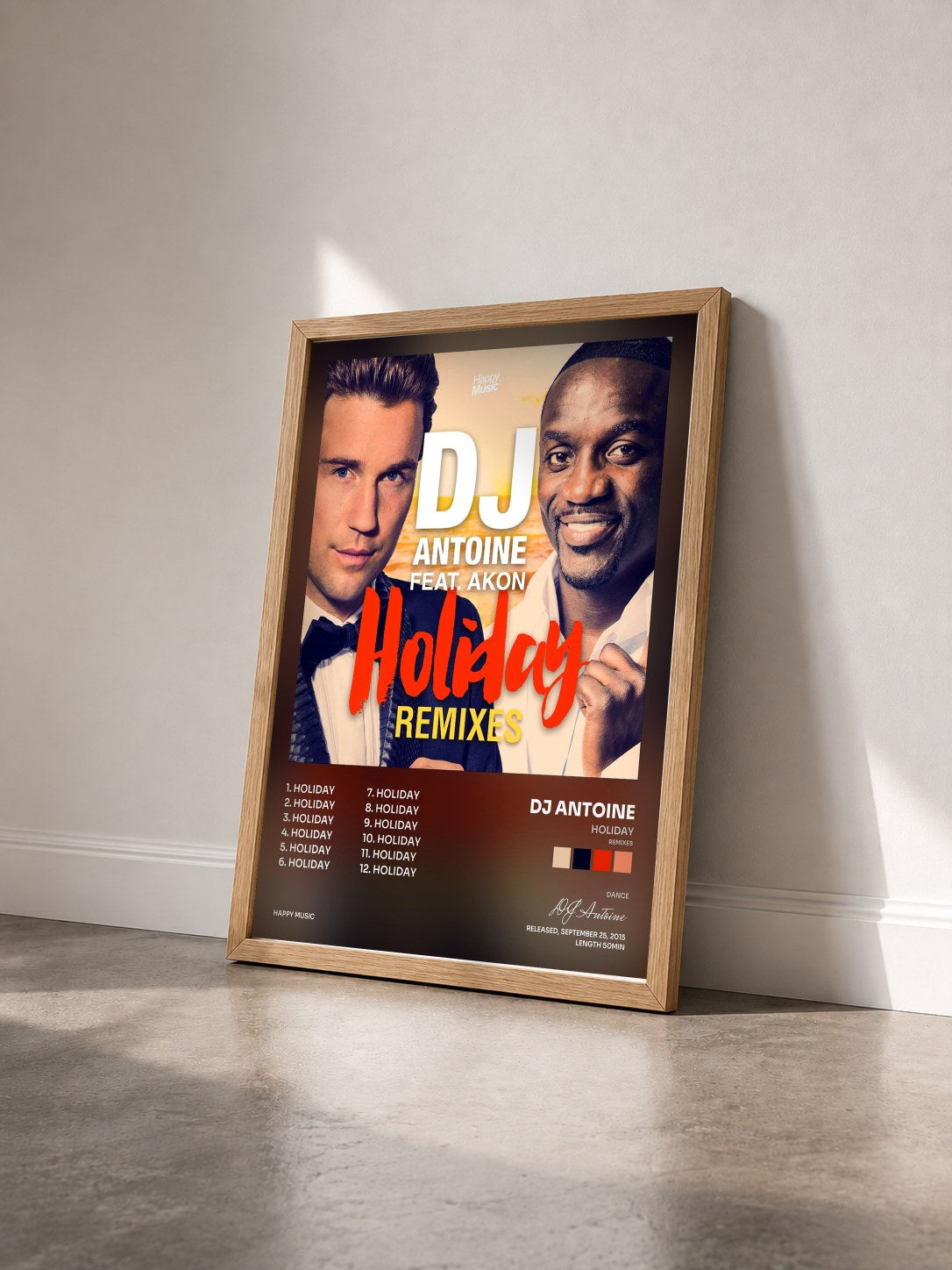 #bois Tableau de l'album Holiday (Remixes) de DJ Antoine vu de trois quarts, cadre en bois brut