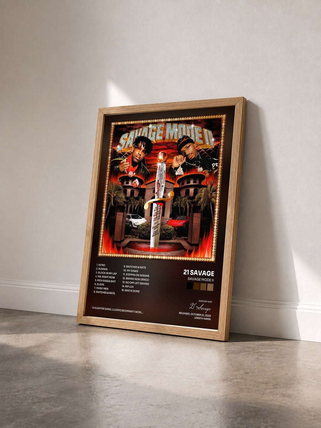 #bois Tableau de l'album SAVAGE MODE II de 21 Savage vu de trois quarts, cadre en bois brut
