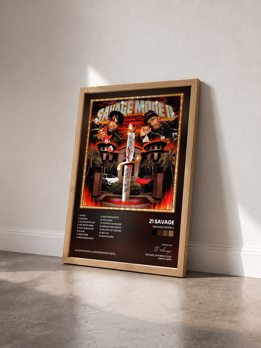 #bois Tableau de l'album SAVAGE MODE II de 21 Savage vu de trois quarts, cadre en bois brut