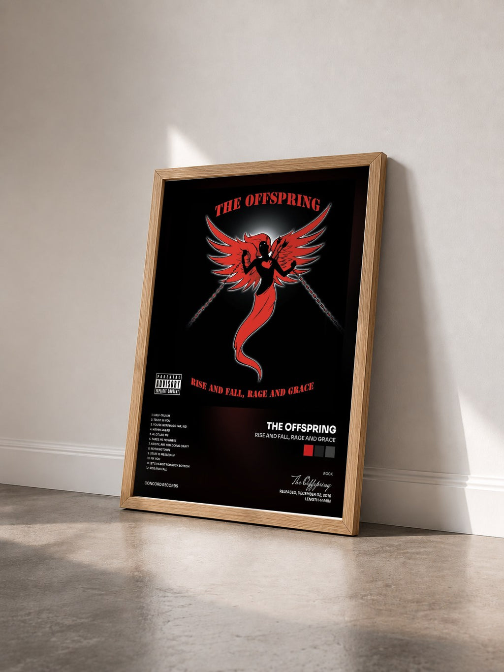 #bois Tableau de l'album Rise And Fall, Rage And Grace de The Offspring vu de trois quarts, cadre en bois brut
