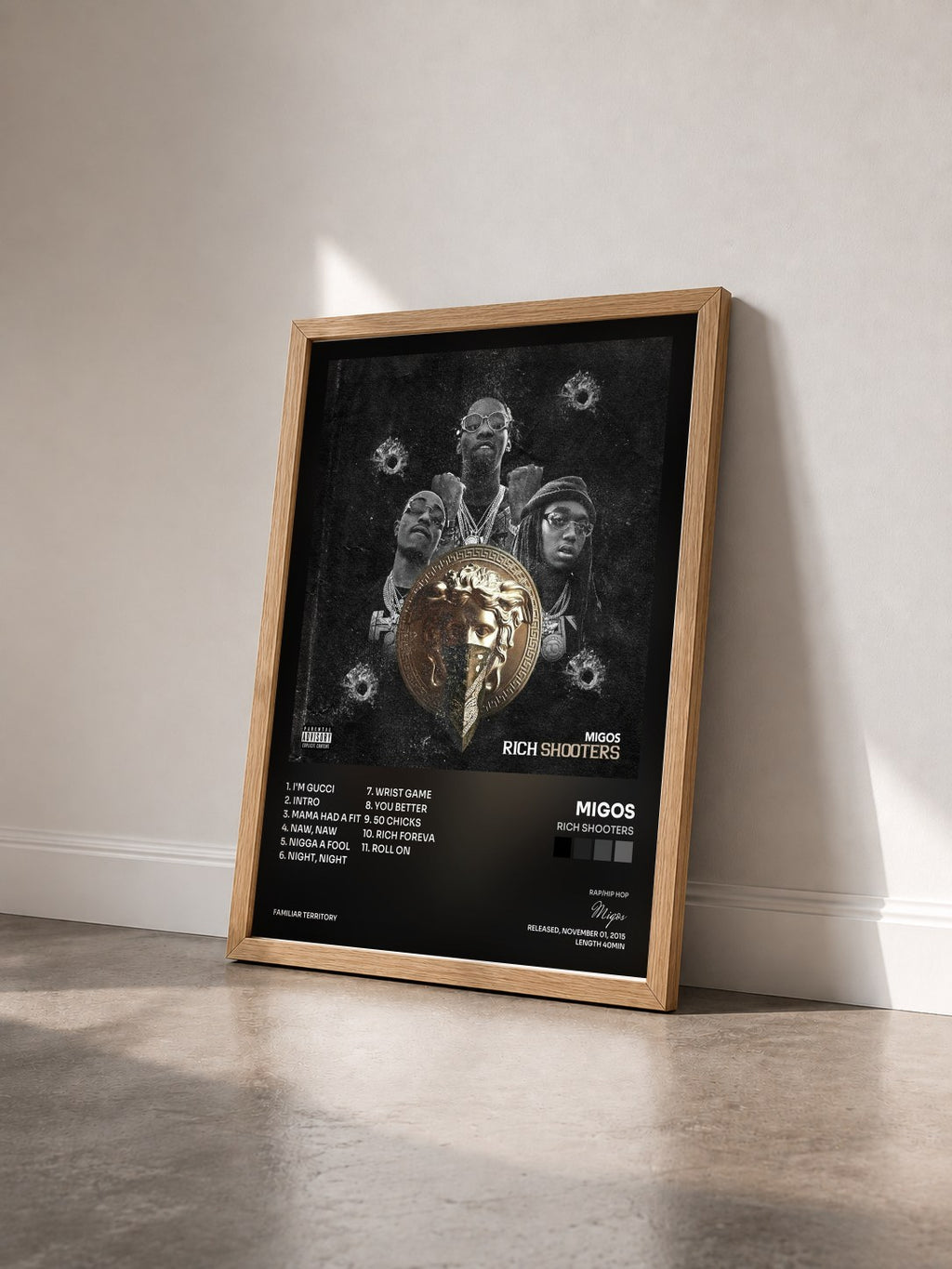#bois Tableau de l'album Rich Shooters de Migos vu de trois quarts, cadre en bois brut