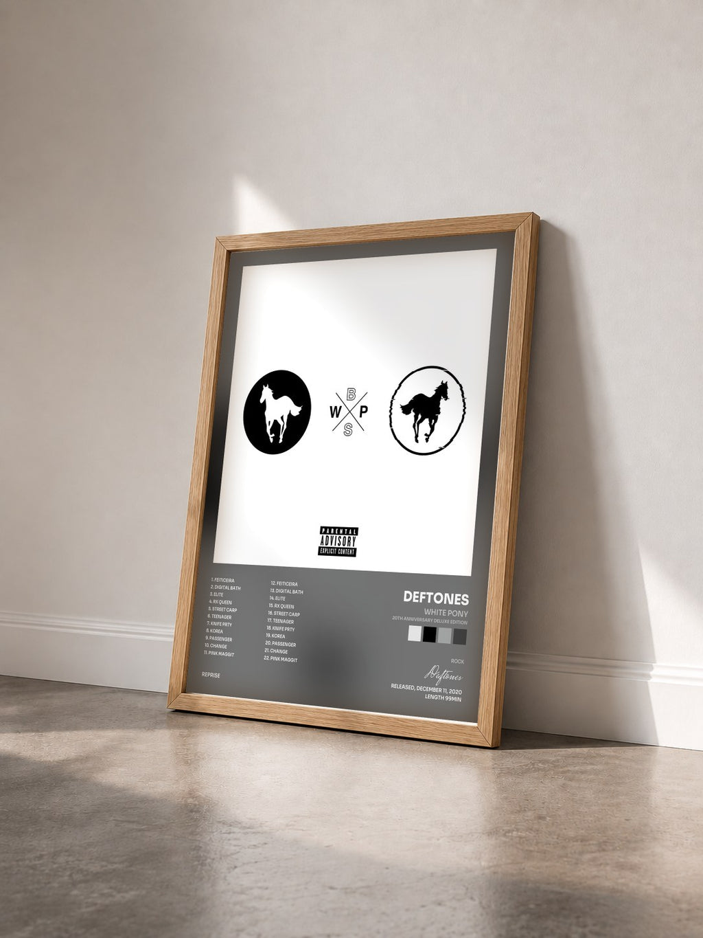 #bois Tableau de l'album White Pony (20th Anniversary Deluxe Edition) de Deftones vu de trois quarts, cadre en bois brut