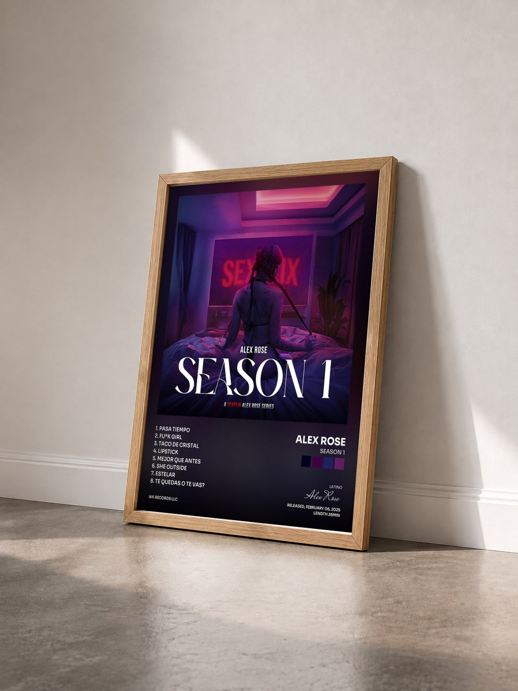 #bois Tableau de l'album Season 1 de Alex Rose vu de trois quarts, cadre en bois brut