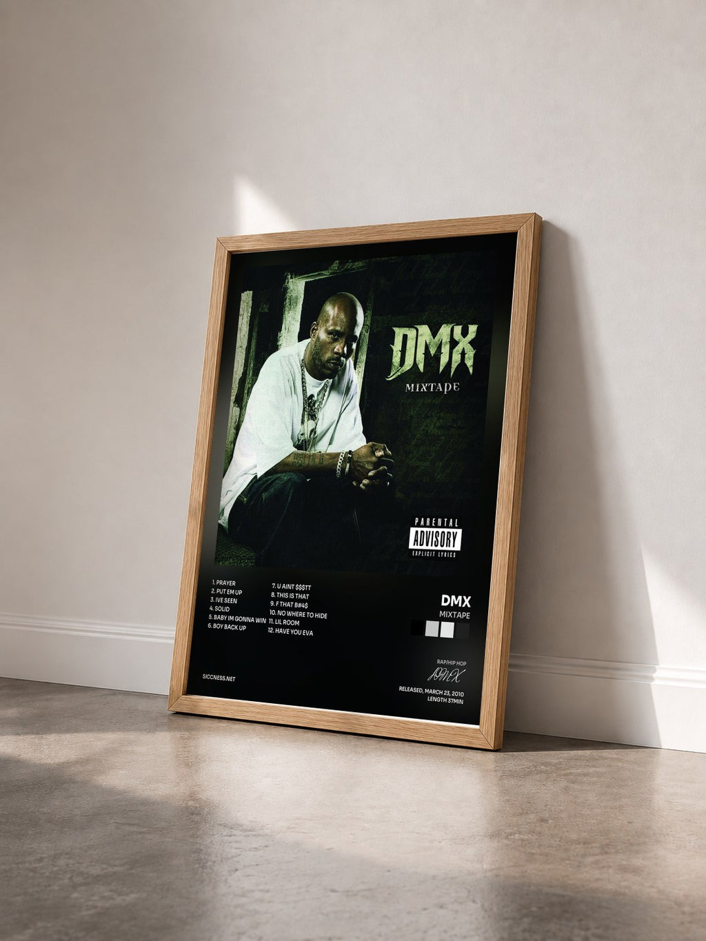 #bois Tableau de l'album Mixtape de DMX vu de trois quarts, cadre en bois brut