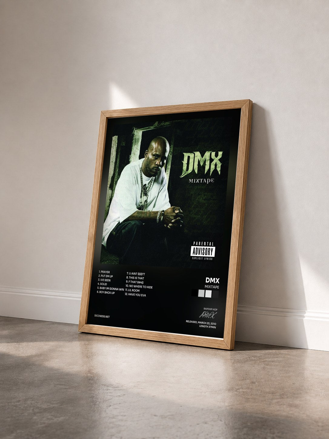 #bois Tableau de l'album Mixtape de DMX vu de trois quarts, cadre en bois brut
