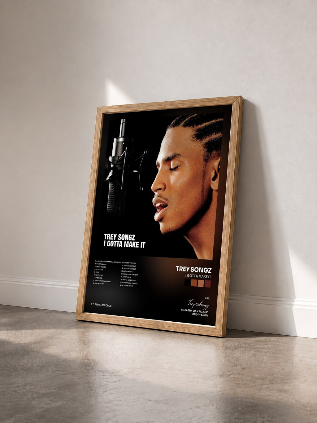 #bois Tableau de l'album I Gotta Make It de Trey Songz vu de trois quarts, cadre en bois brut