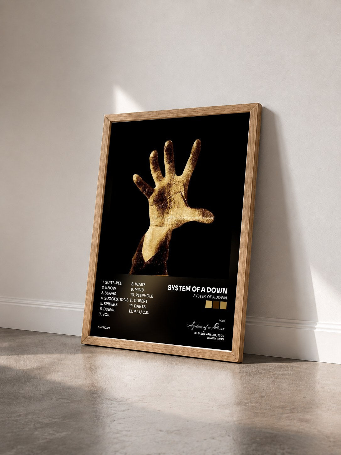 #bois Tableau de l'album System Of A Down de System of a Down vu de trois quarts, cadre en bois brut