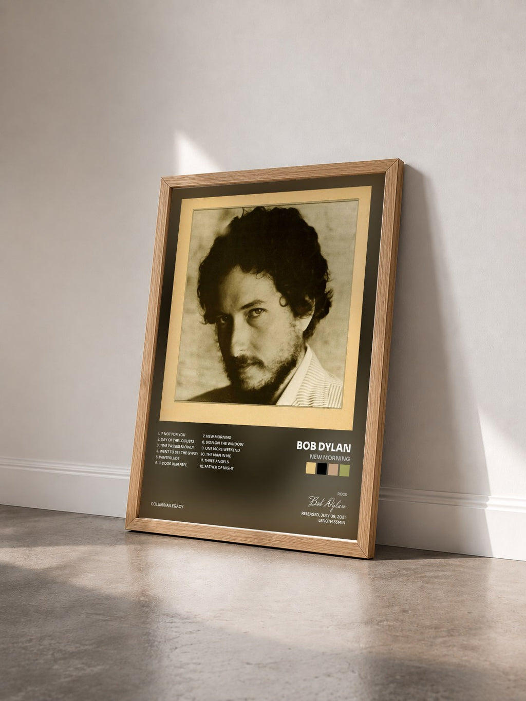 #bois Tableau de l'album New Morning de Bob Dylan vu de trois quarts, cadre en bois brut