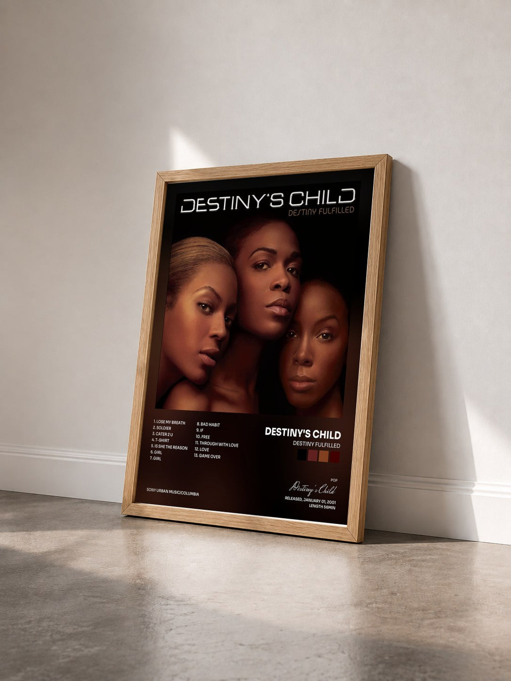 #bois Tableau de l'album Destiny Fulfilled de Destiny's Child vu de trois quarts, cadre en bois brut