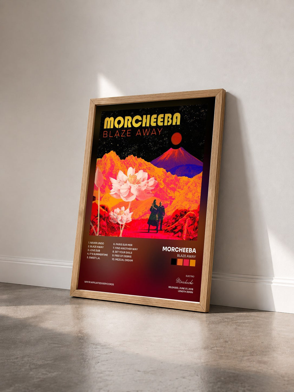 #bois Tableau de l'album Blaze Away de Morcheeba vu de trois quarts, cadre en bois brut