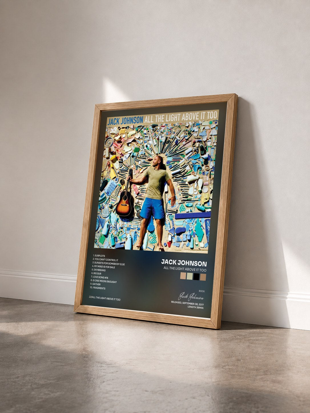 #bois Tableau de l'album All The Light Above It Too de Jack Johnson vu de trois quarts, cadre en bois brut