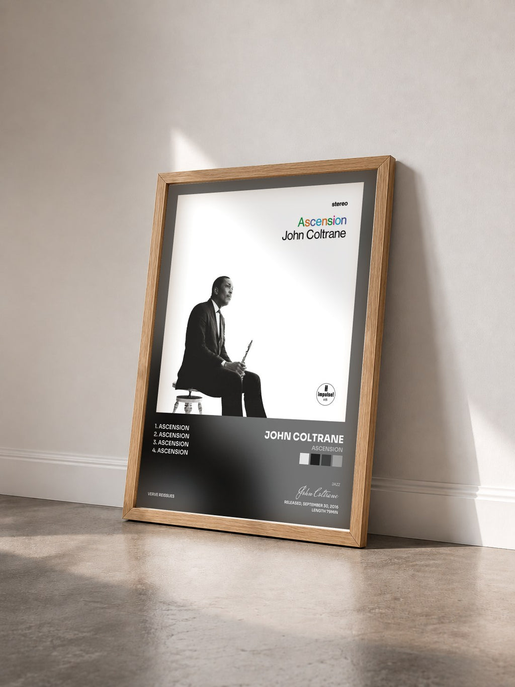 #bois Tableau de l'album Ascension de John Coltrane vu de trois quarts, cadre en bois brut