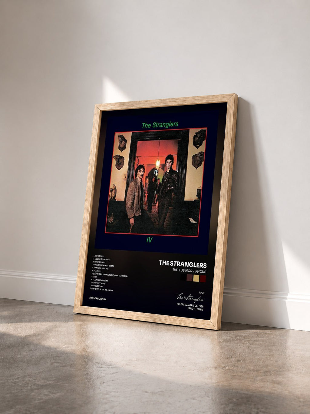 #bois Tableau de l'album Rattus Norvegicus de The Stranglers vu de trois quarts, cadre en bois brut