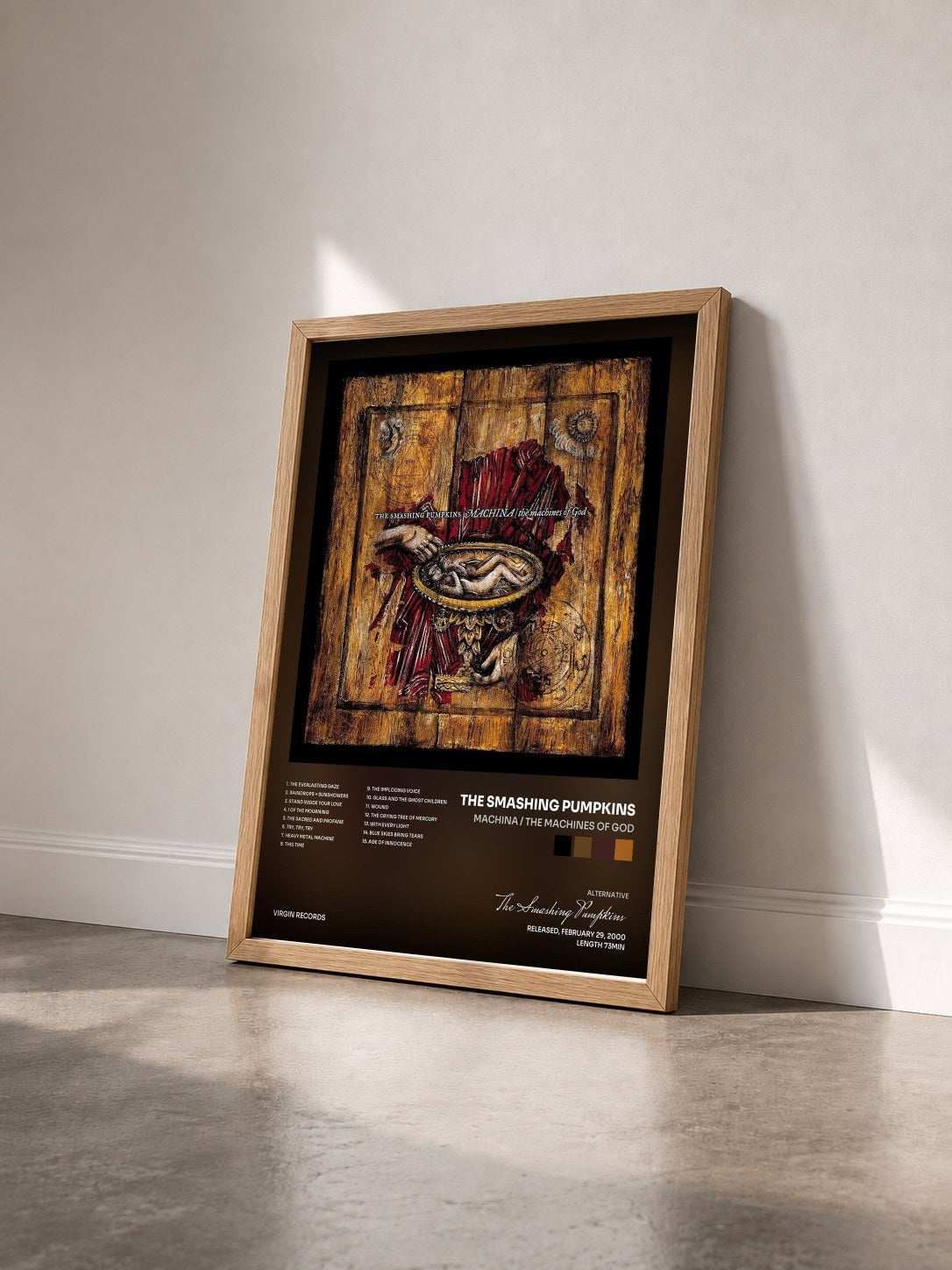 #bois Tableau de l'album Machina / The Machines Of God de The Smashing Pumpkins vu de trois quarts, cadre en bois brut