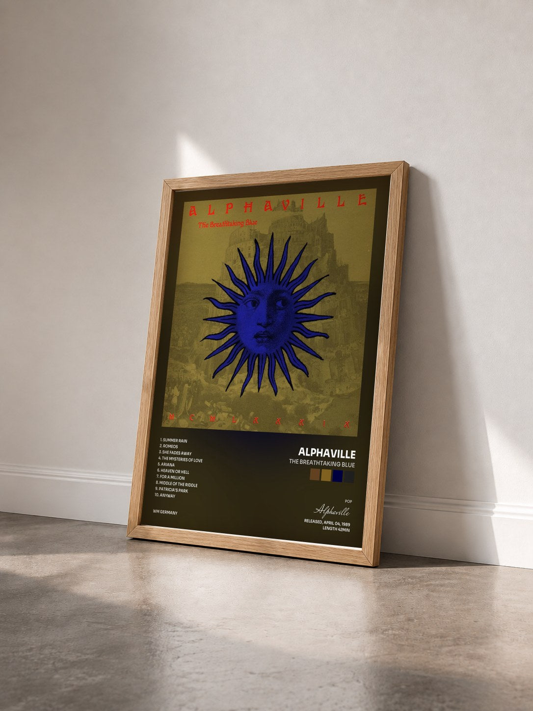 #bois Tableau de l'album The Breathtaking Blue de Alphaville vu de trois quarts, cadre en bois brut