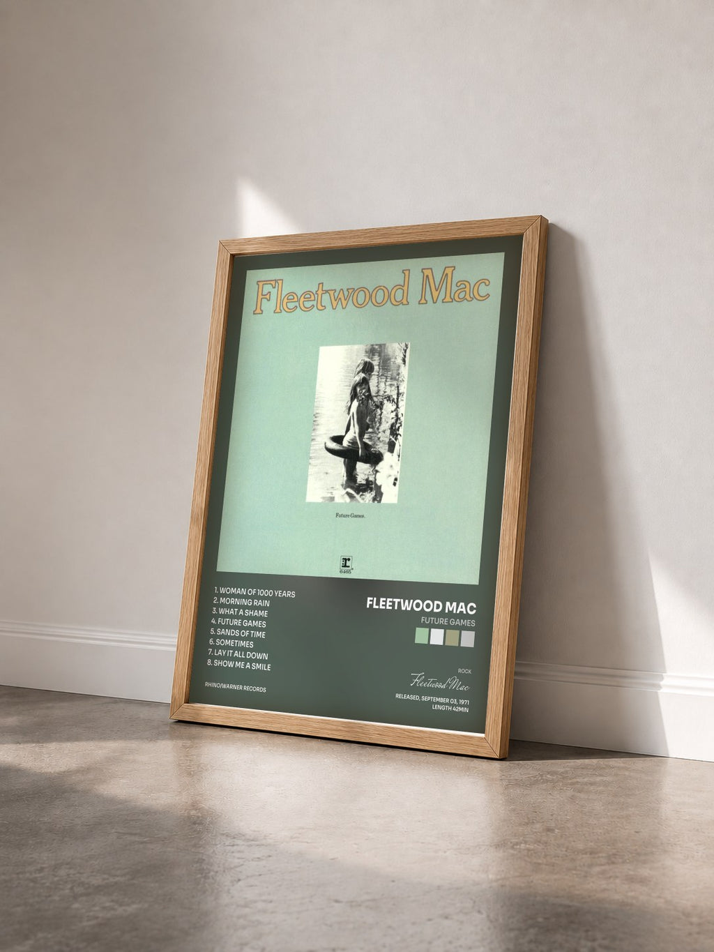 #bois Tableau de l'album Future Games de Fleetwood Mac vu de trois quarts, cadre en bois brut
