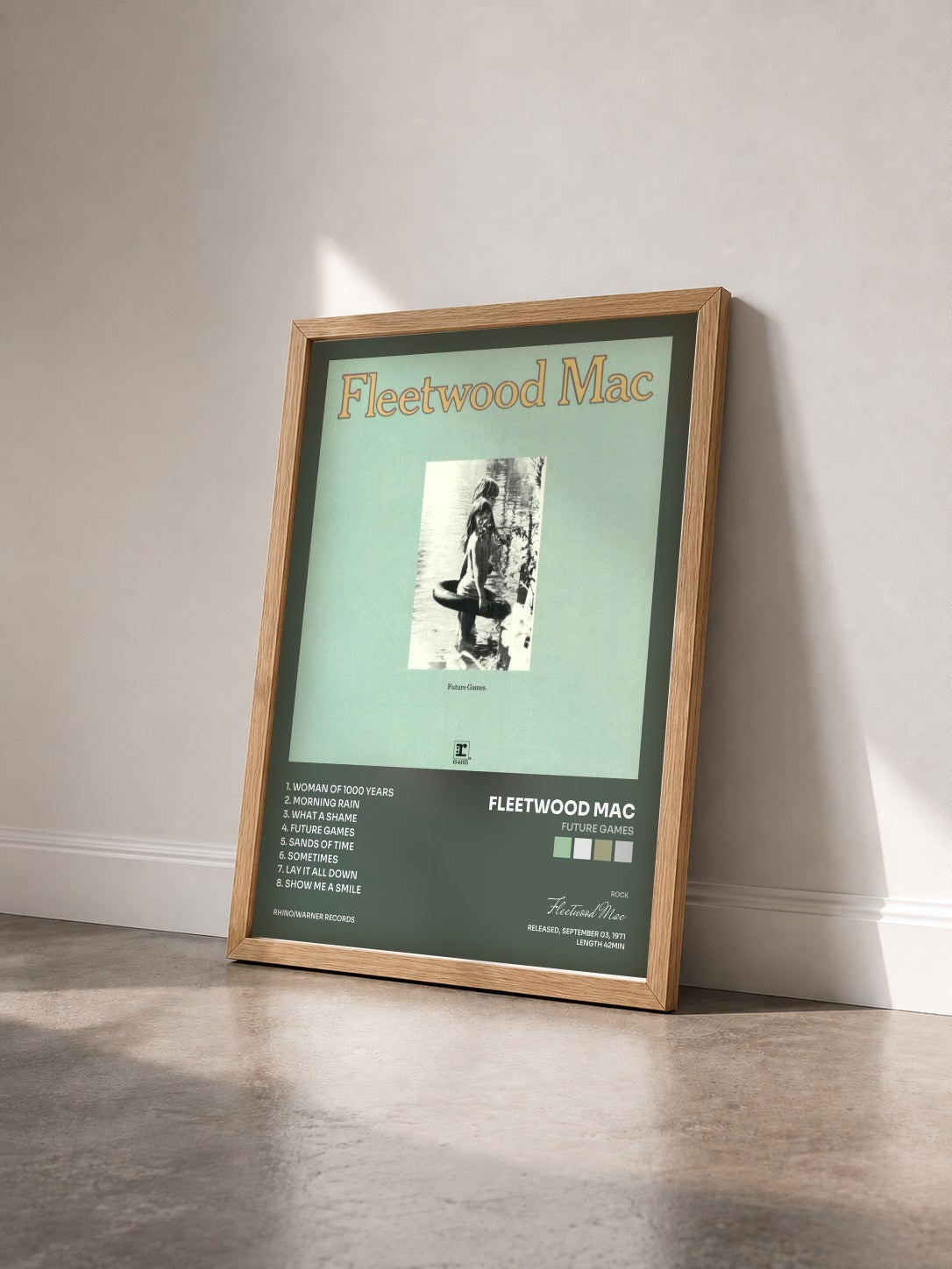 #bois Tableau de l'album Future Games de Fleetwood Mac vu de trois quarts, cadre en bois brut