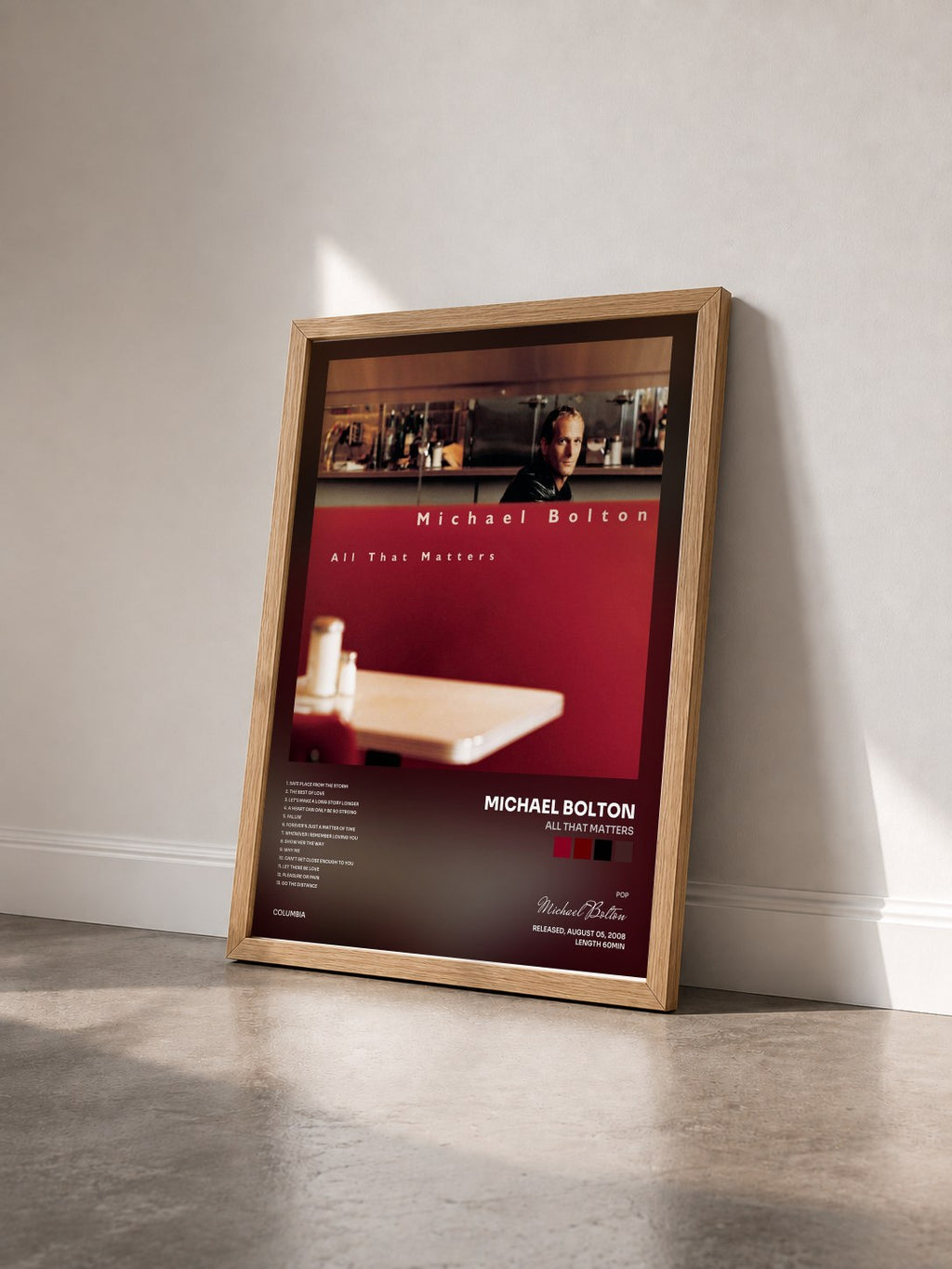 #bois Tableau de l'album All That Matters de Michael Bolton vu de trois quarts, cadre en bois brut