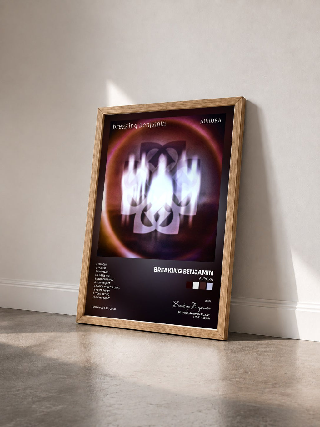 #bois Tableau de l'album Aurora de Breaking Benjamin vu de trois quarts, cadre en bois brut