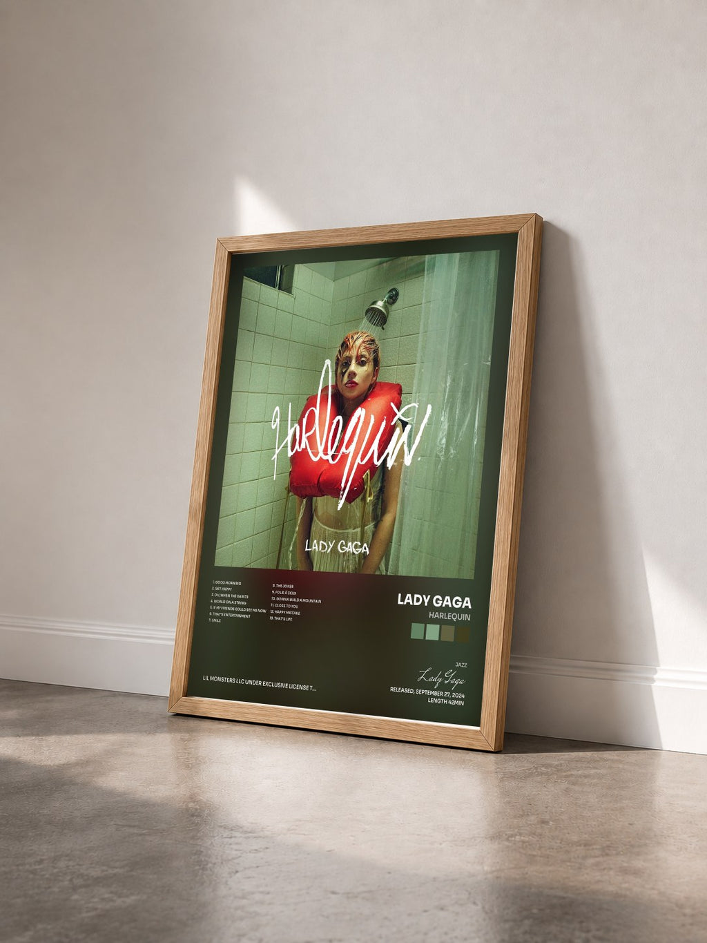 #bois Tableau de l'album Harlequin de Lady Gaga vu de trois quarts, cadre en bois brut