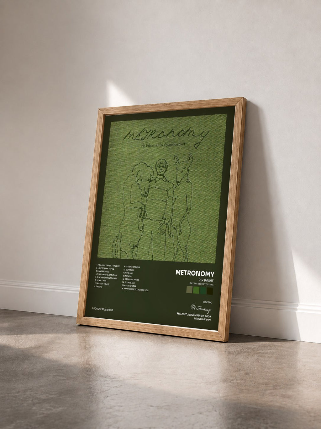 #bois Tableau de l'album Pip Paine (Pay The £5000 You Owe) de Metronomy vu de trois quarts, cadre en bois brut