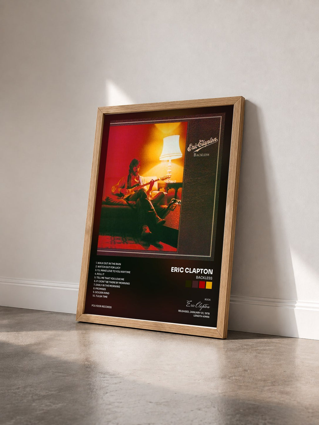#bois Tableau de l'album Backless de Eric Clapton vu de trois quarts, cadre en bois brut
