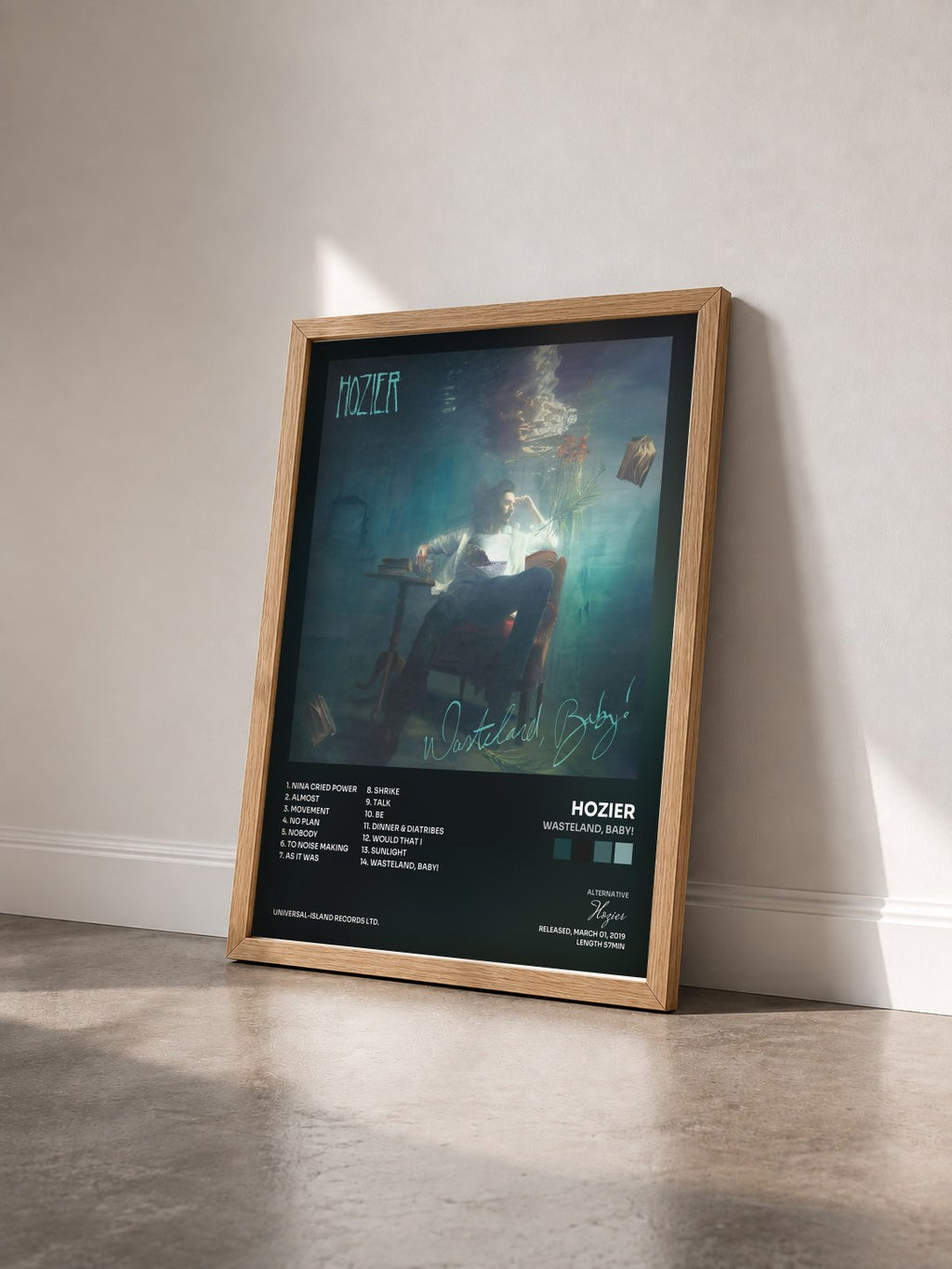 #bois Tableau de l'album Wasteland, Baby! de Hozier vu de trois quarts, cadre en bois brut