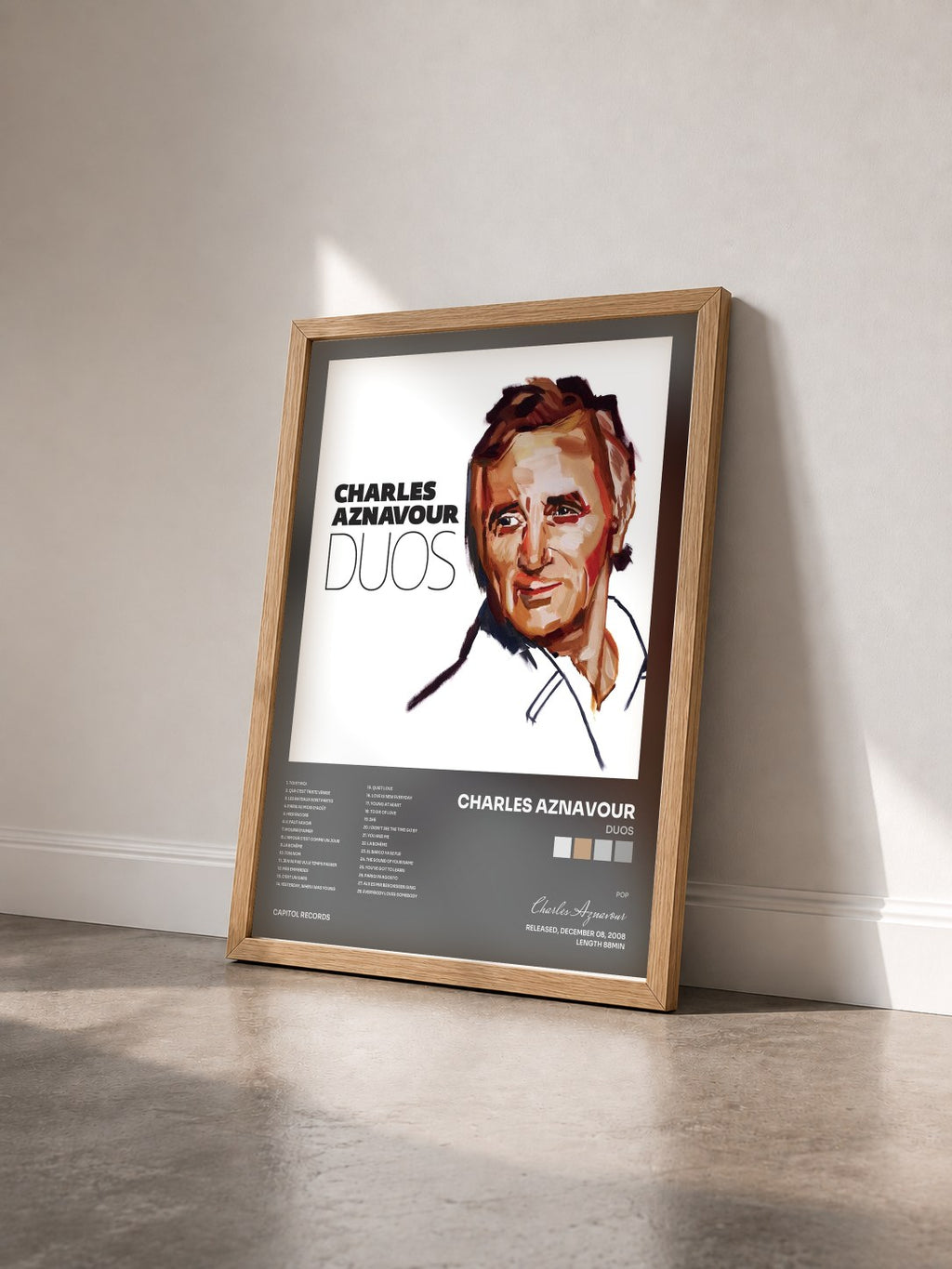 #bois Tableau de l'album Duos de Charles Aznavour vu de trois quarts, cadre en bois brut