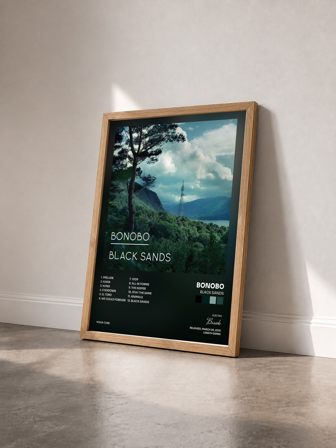 #bois Tableau de l'album Black Sands de Bonobo vu de trois quarts, cadre en bois brut