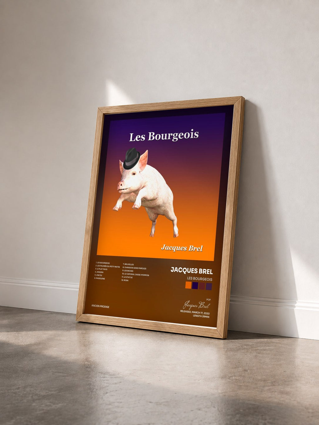 #bois Tableau de l'album Les Bourgeois de Jacques Brel vu de trois quarts, cadre en bois brut