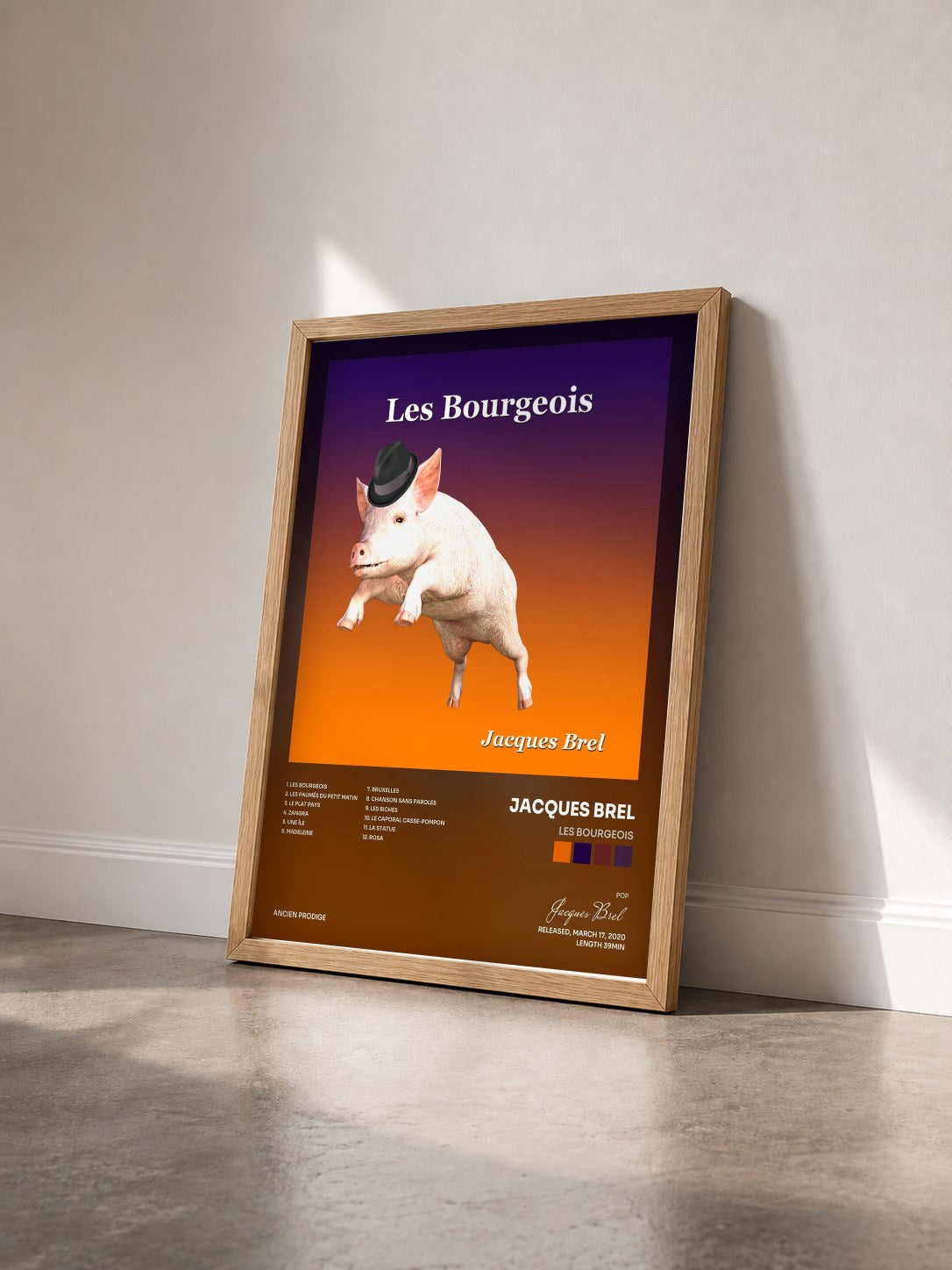 #bois Tableau de l'album Les Bourgeois de Jacques Brel vu de trois quarts, cadre en bois brut
