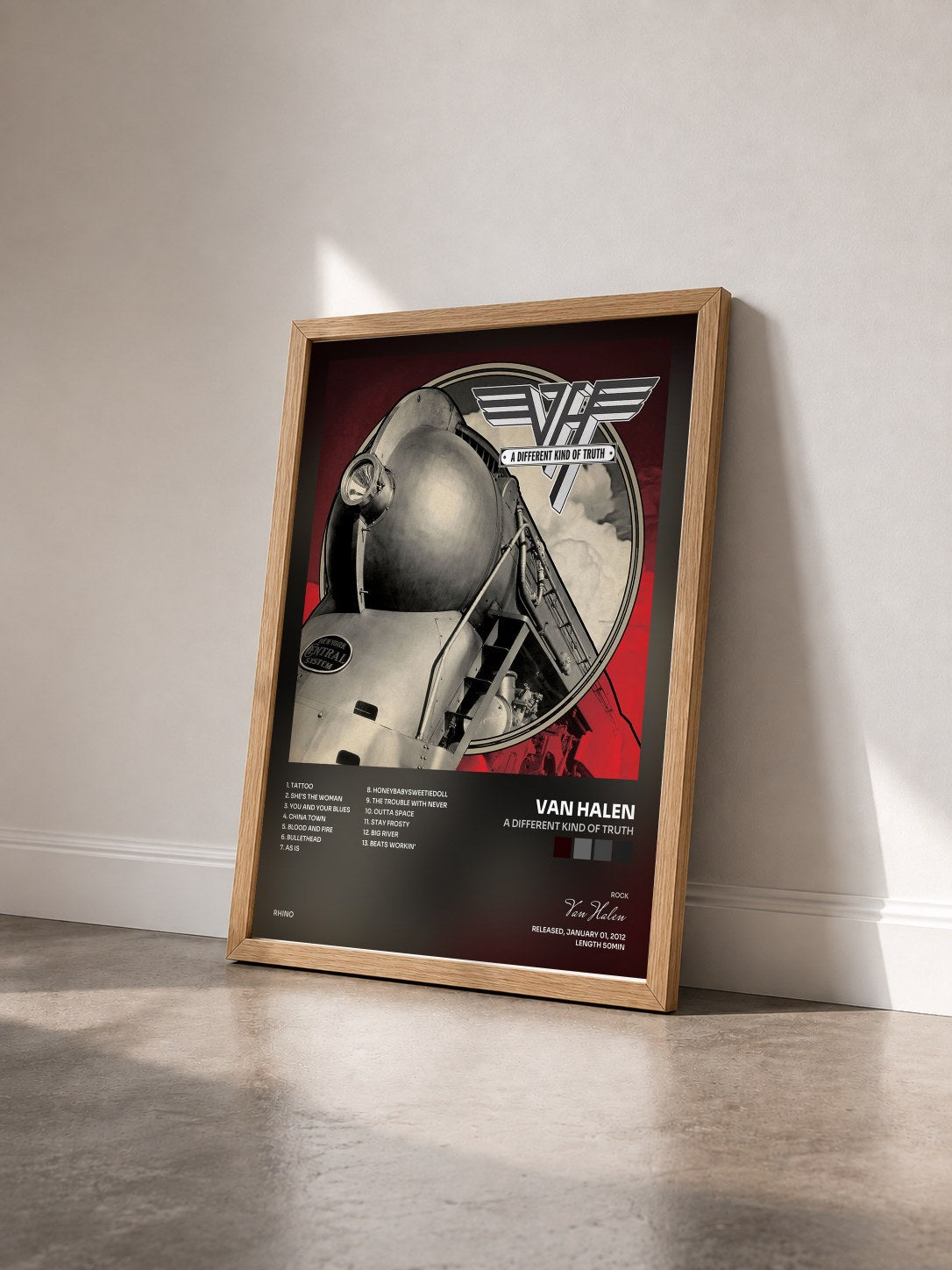 #bois Tableau de l'album A Different Kind of Truth de Van Halen vu de trois quarts, cadre en bois brut