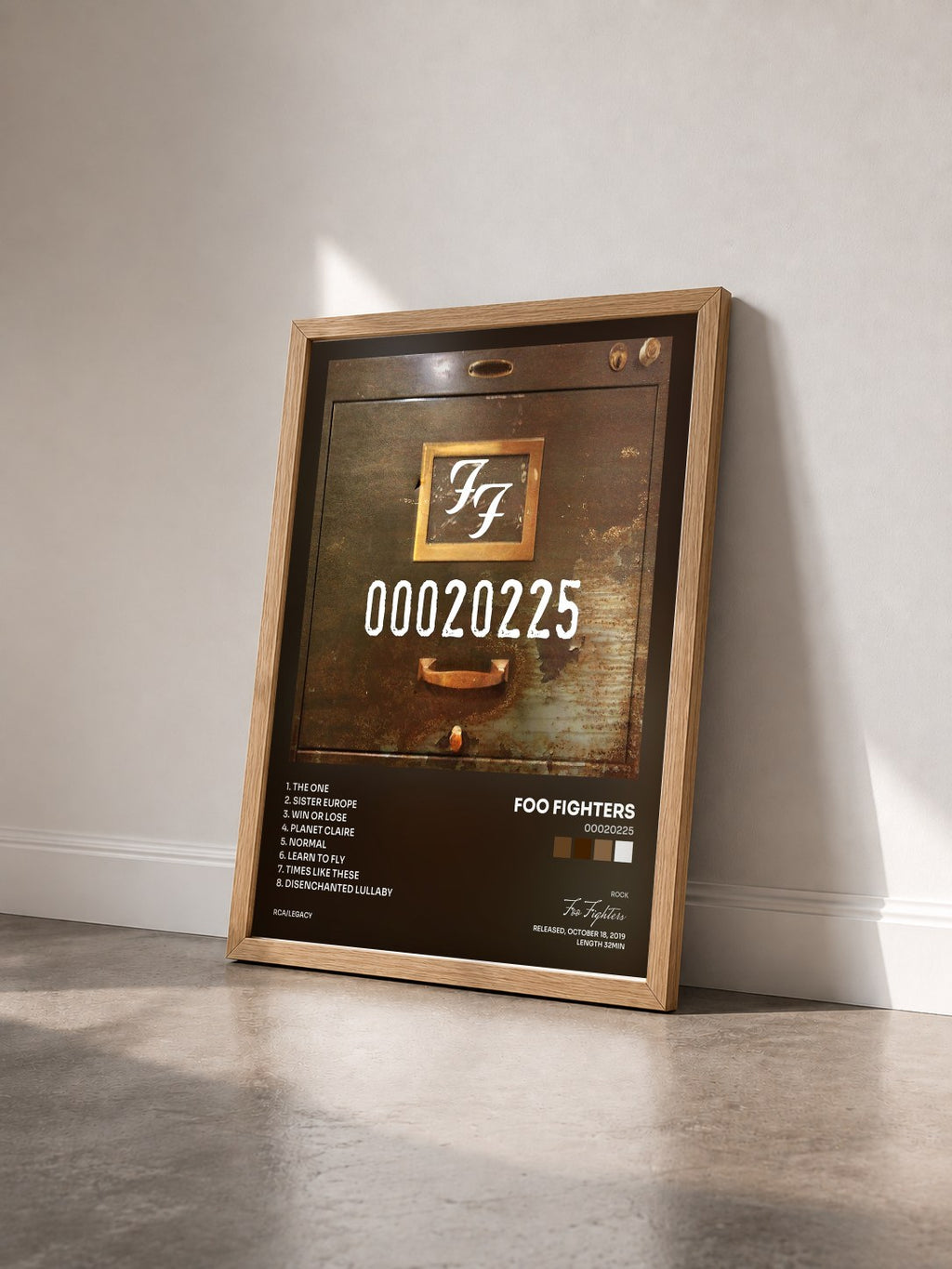 #bois Tableau de l'album 00020225 de Foo Fighters vu de trois quarts, cadre en bois brut