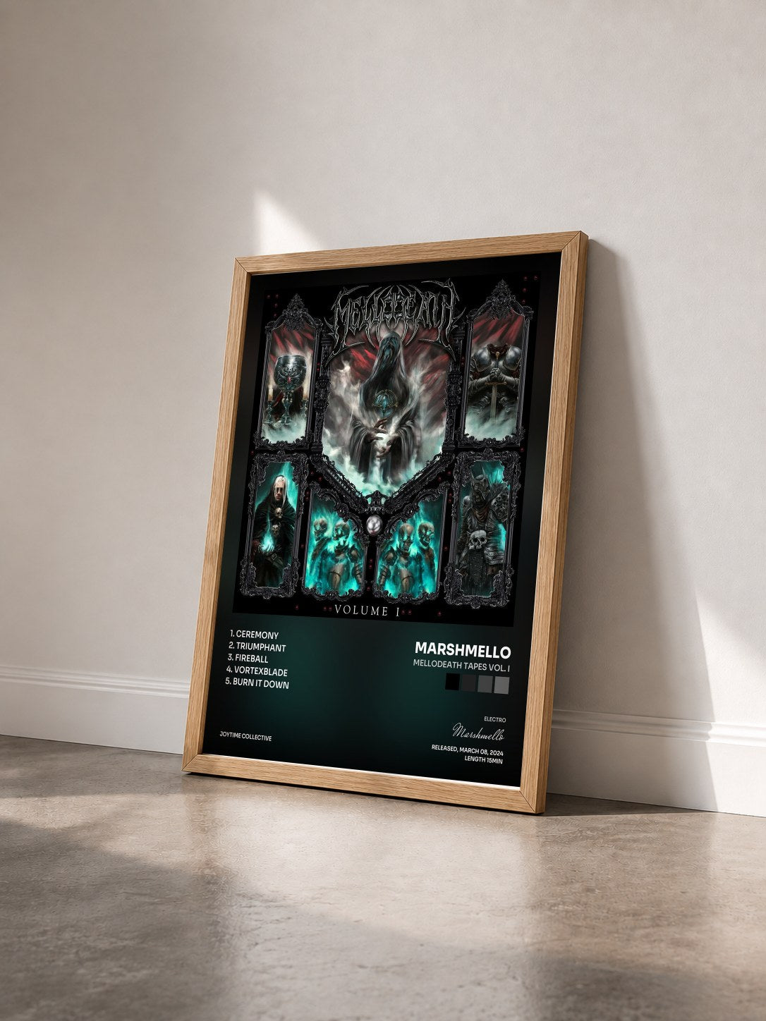 #bois Tableau de l'album MELLODEATH Tapes Vol. I de Marshmello vu de trois quarts, cadre en bois brut