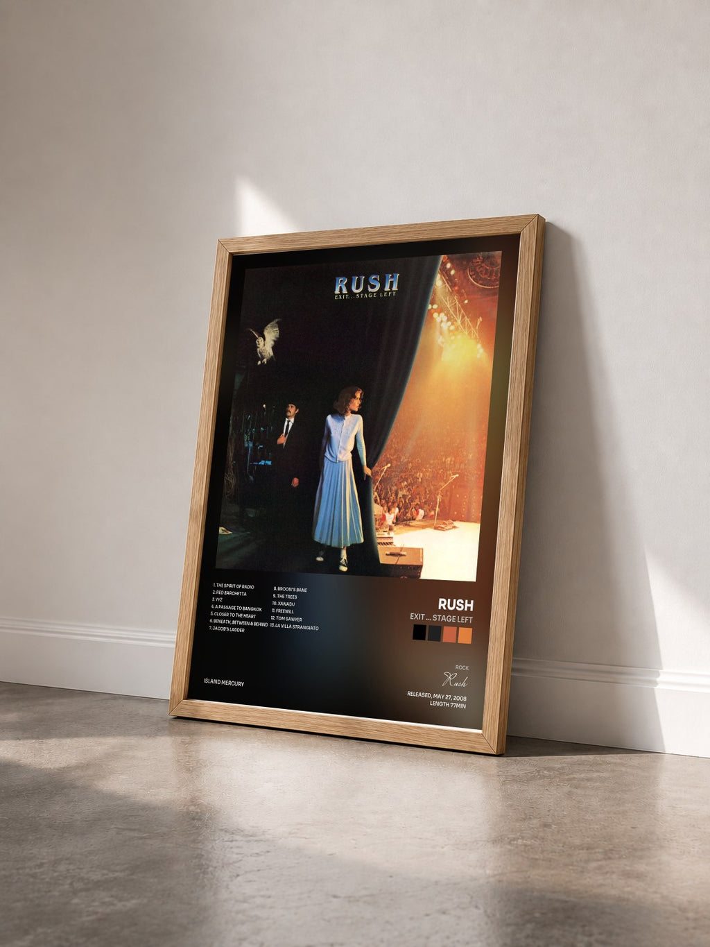 #bois Tableau de l'album Exit ... Stage Left de Rush vu de trois quarts, cadre en bois brut