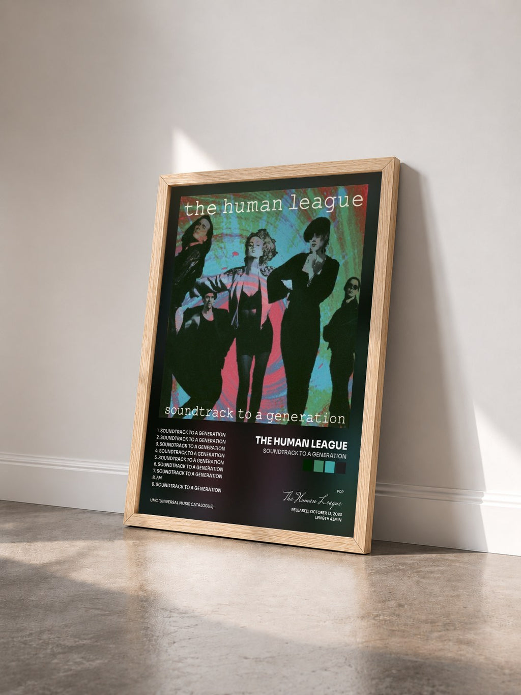 #bois Tableau de l'album Soundtrack To A Generation de The Human League vu de trois quarts, cadre en bois brut