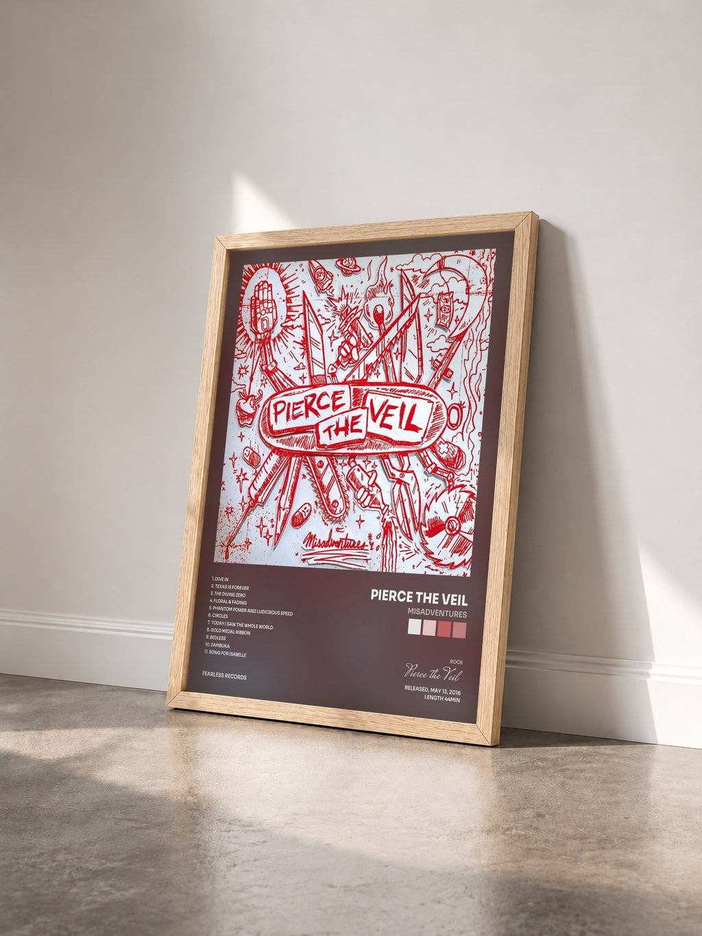 #bois Tableau de l'album Misadventures de Pierce the Veil vu de trois quarts, cadre en bois brut