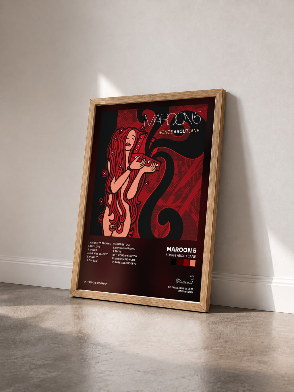#bois Tableau de l'album Songs About Jane de Maroon 5 vu de trois quarts, cadre en bois brut