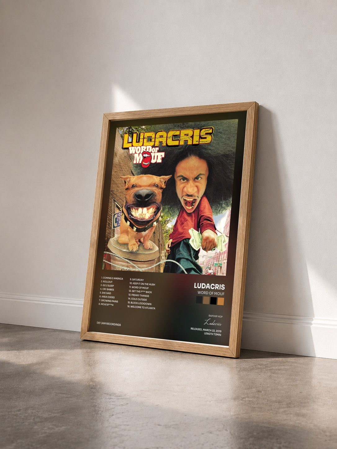 #bois Tableau de l'album Word Of Mouf de Ludacris vu de trois quarts, cadre en bois brut