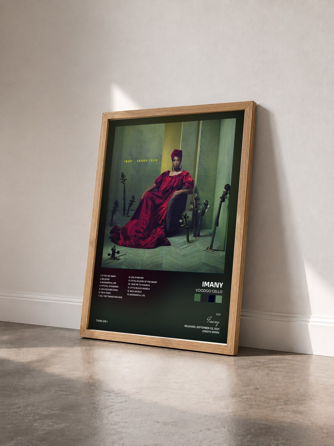 #bois Tableau de l'album Voodoo Cello de Imany vu de trois quarts, cadre en bois brut