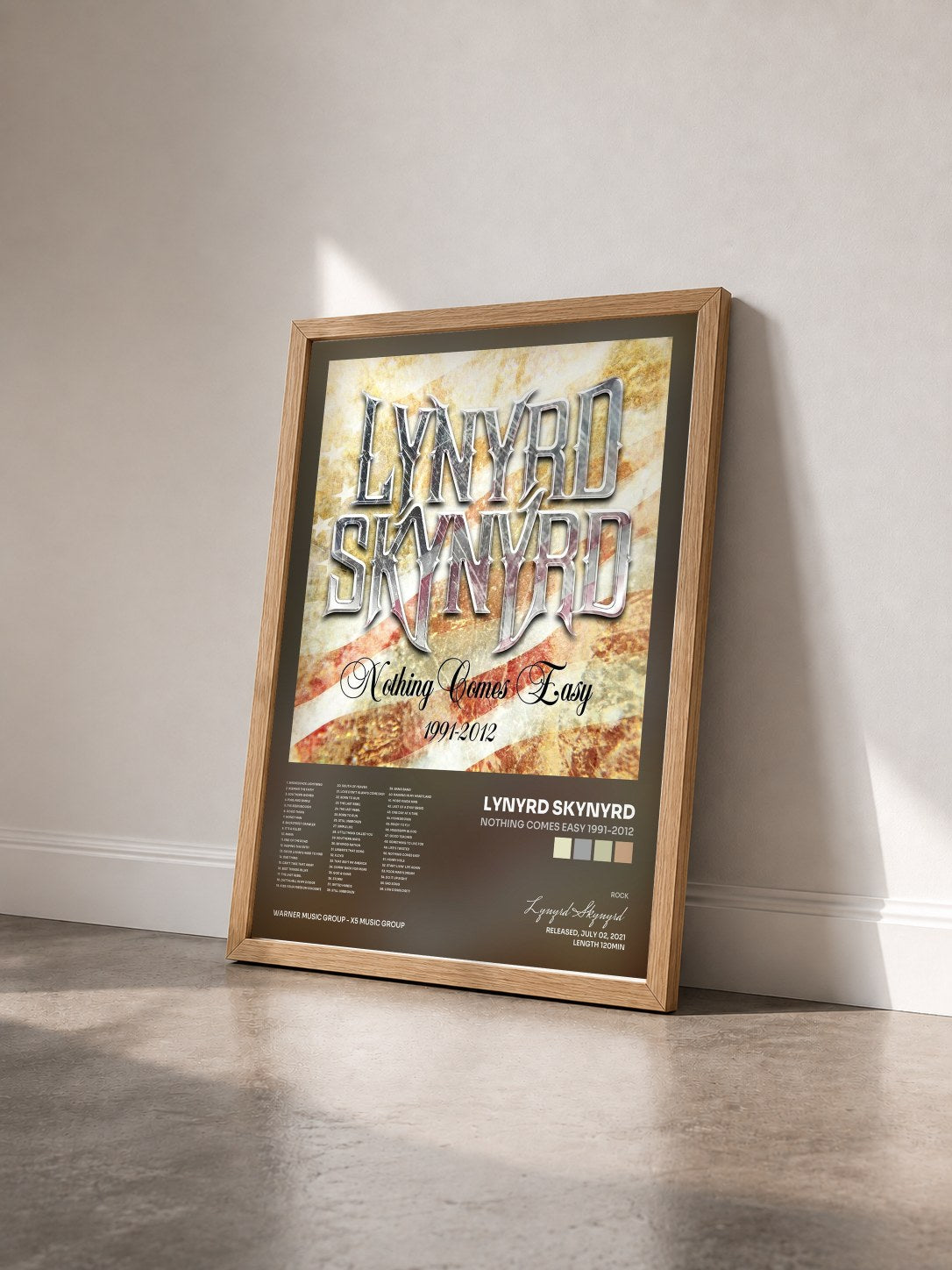 #bois Tableau de l'album Nothing Comes Easy 1991-2012 de Lynyrd Skynyrd vu de trois quarts, cadre en bois brut