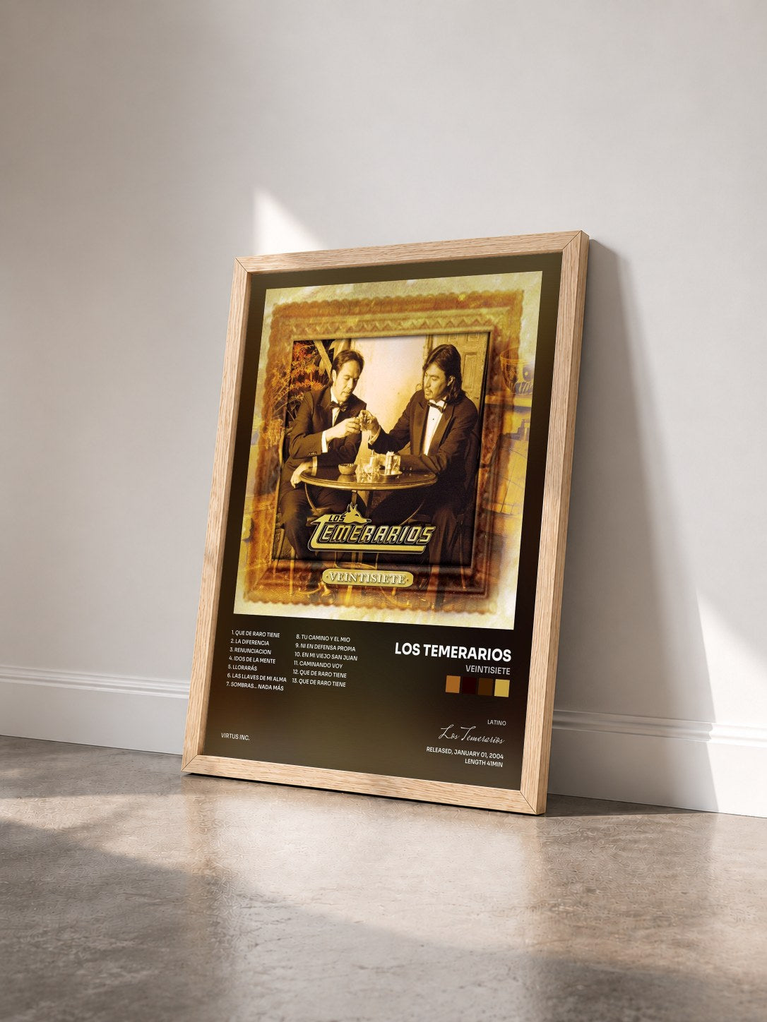 #bois Tableau de l'album Veintisiete de Los Temerarios vu de trois quarts, cadre en bois brut