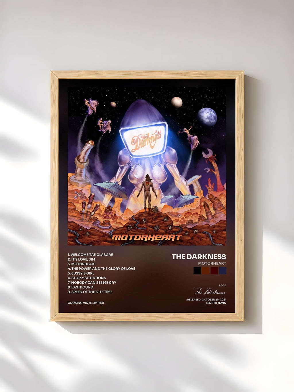 #bois Tableau de l'album Motorheart de The Darkness, cadre en bois brut, imprimé et encadré en France