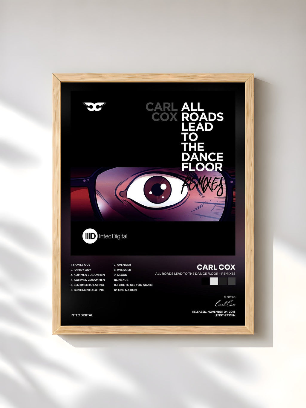 #bois Tableau de l'album All Roads Lead to the Dance Floor - Remixes de Carl Cox, cadre en bois brut, imprimé et encadré en France