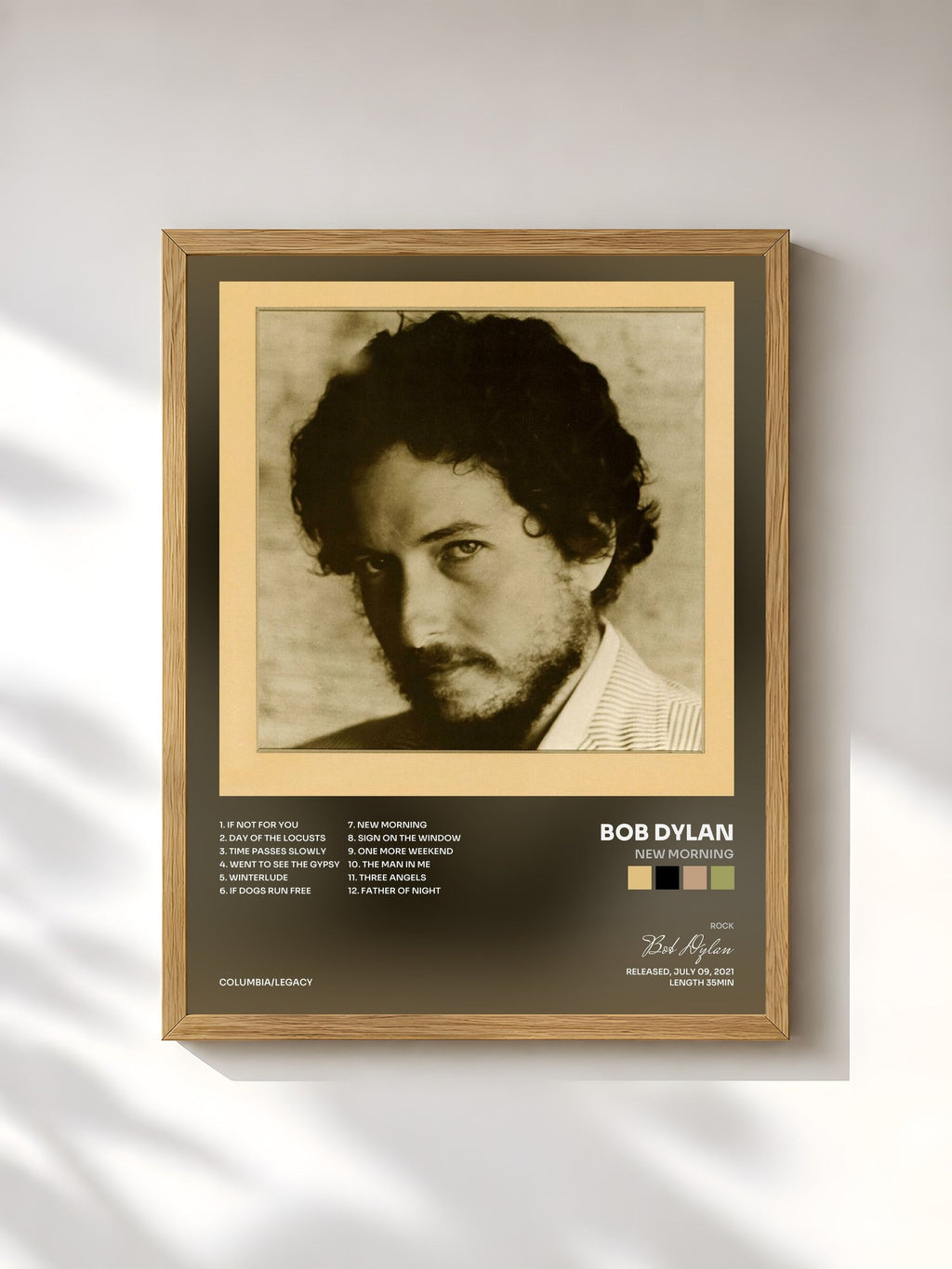 #bois Tableau de l'album New Morning de Bob Dylan, cadre en bois brut, imprimé et encadré en France