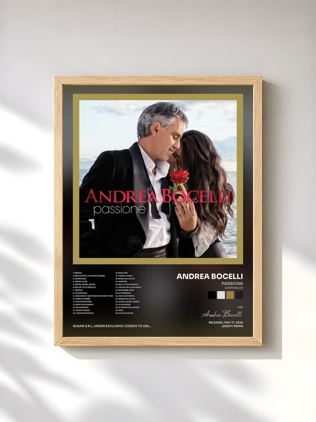 #bois Tableau de l'album Passione (Super Deluxe) de Andrea Bocelli, cadre en bois brut, imprimé et encadré en France