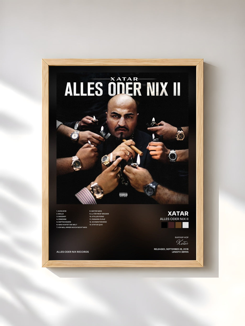 #bois Tableau de l'album ALLES ODER NIX II de Xatar, cadre en bois brut, imprimé et encadré en France