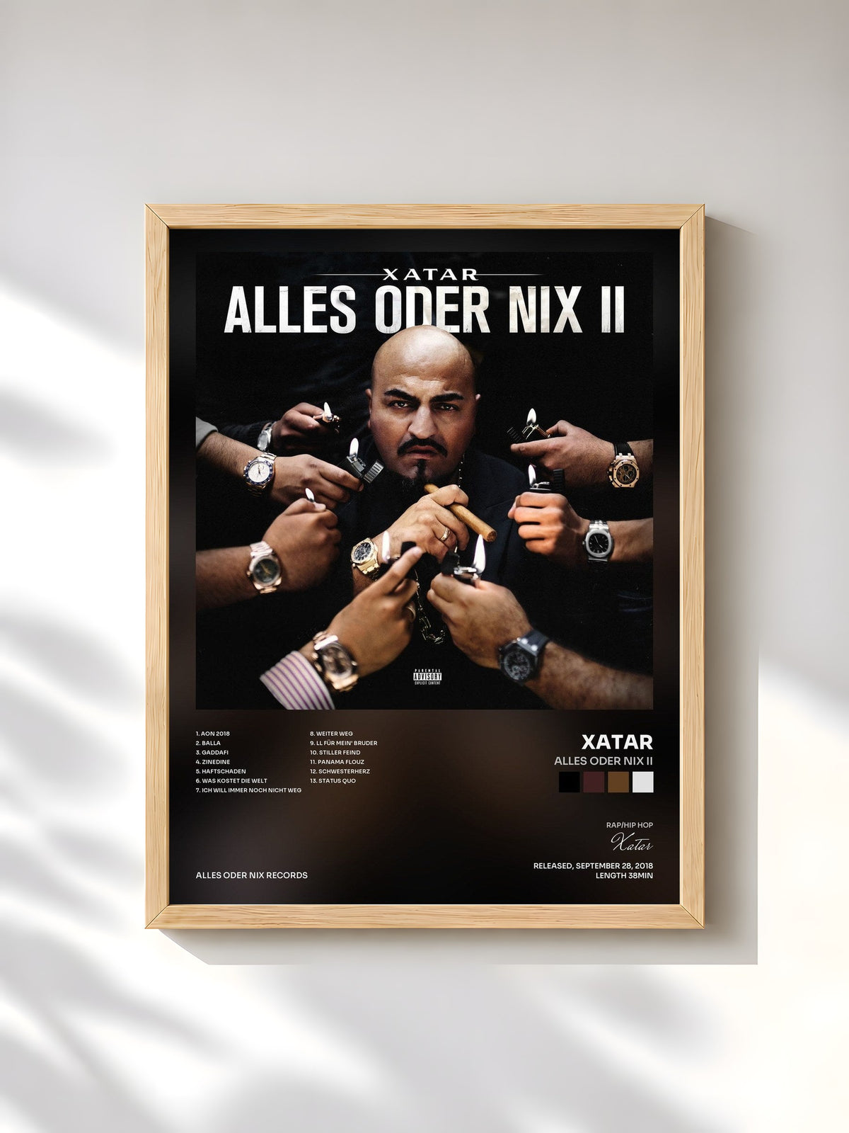 #bois Tableau de l'album ALLES ODER NIX II de Xatar, cadre en bois brut, imprimé et encadré en France