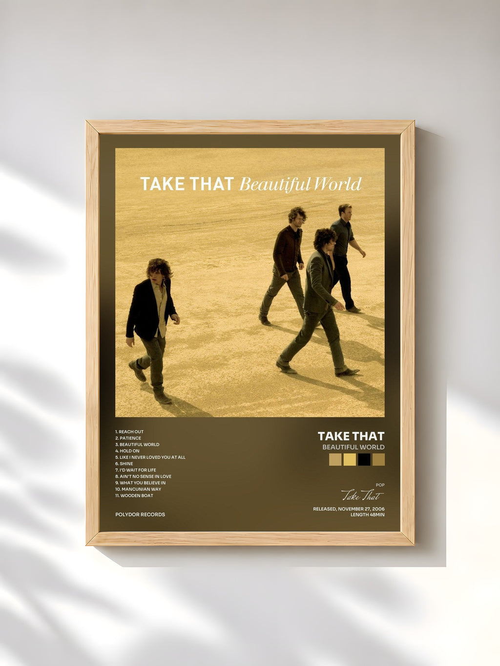 #bois Tableau de l'album Beautiful World de Take That, cadre en bois brut, imprimé et encadré en France