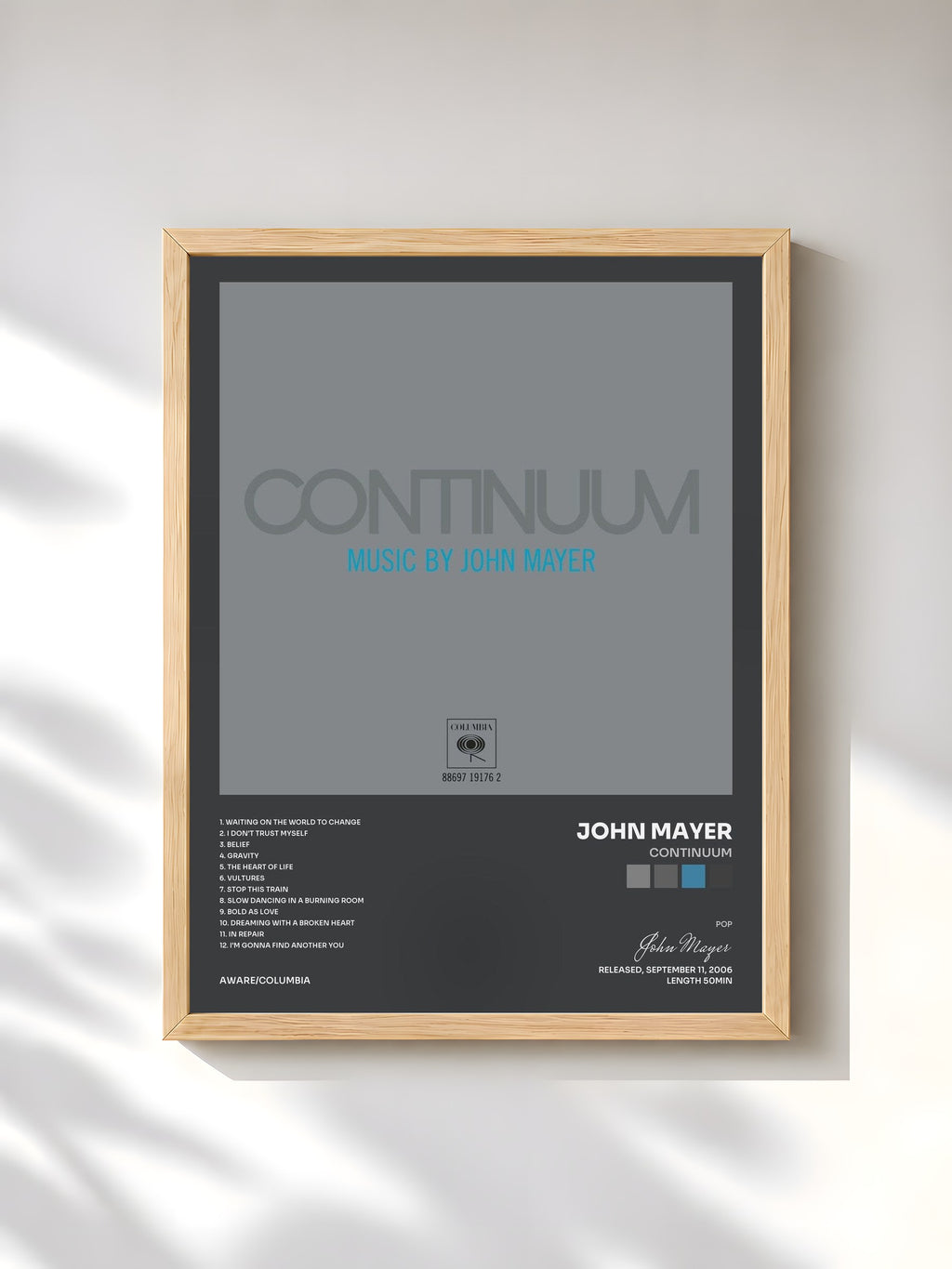 #bois Tableau de l'album Continuum de John Mayer, cadre en bois brut, imprimé et encadré en France